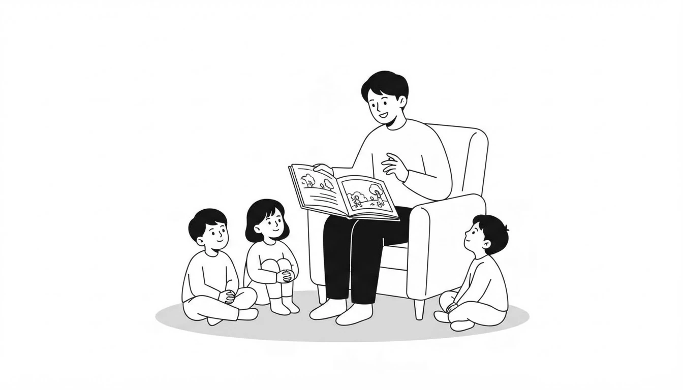 A person in an armchair telling a story to three children sitting on the floor
