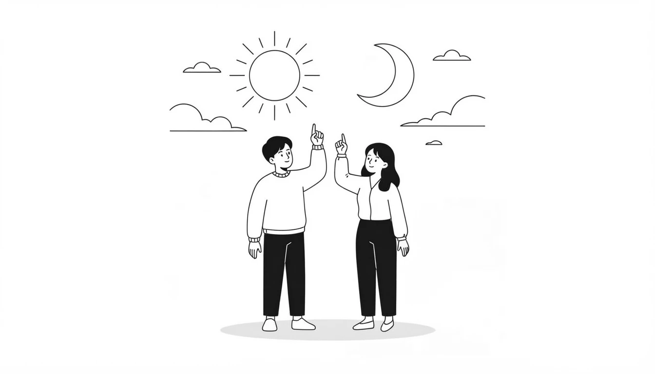 Two friends pointing at the sky, where a sun and a moon can be seen