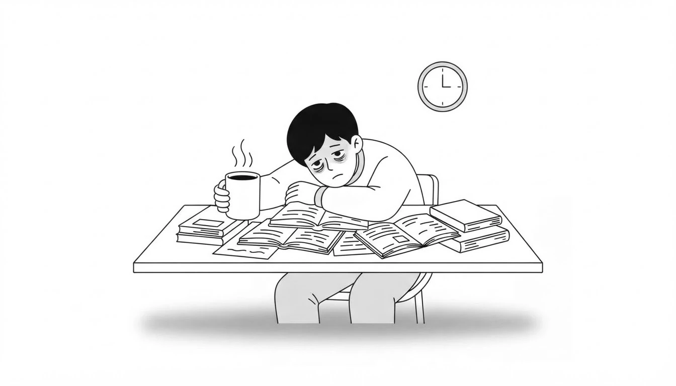 Exhausted student with dark circles, asleep over books and a huge cup of coffee