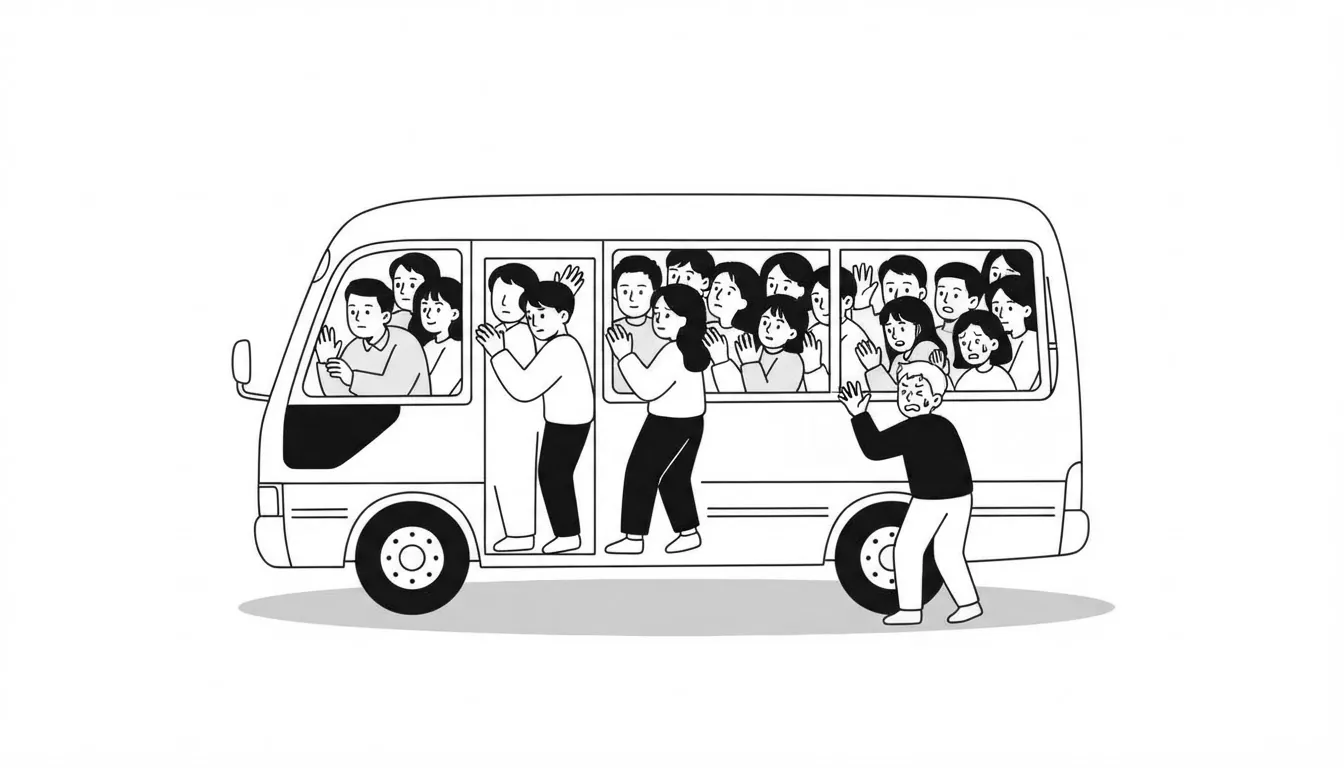 A crowded minibus packed with people while one person outside cannot get in