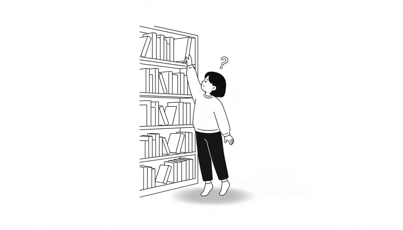 Persona de pie intentando alcanzar un libro de una estantería alta sin conseguirlo