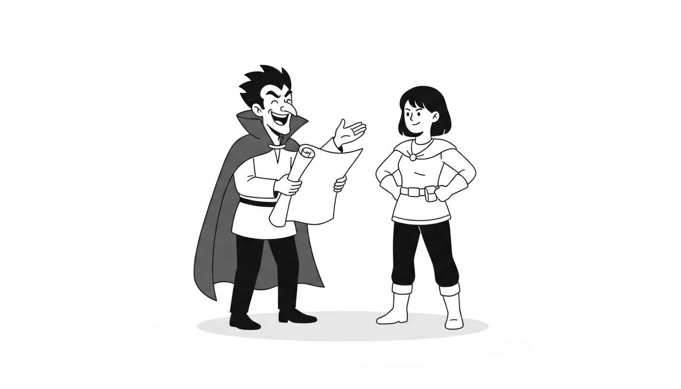 Caped villain laughing and holding a map, facing a hero with hands on hips
