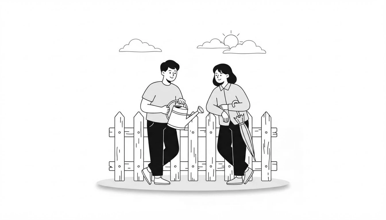 Dos vecinos charlando junto a una valla del jardín con el cielo algo nublado