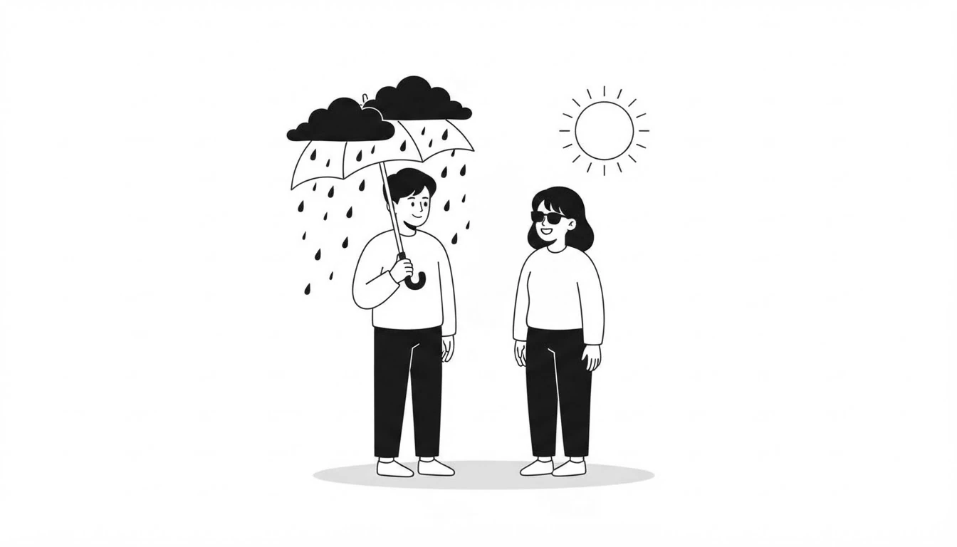 Chico con paraguas bajo una nube de lluvia junto a una chica con gafas de sol bajo el sol