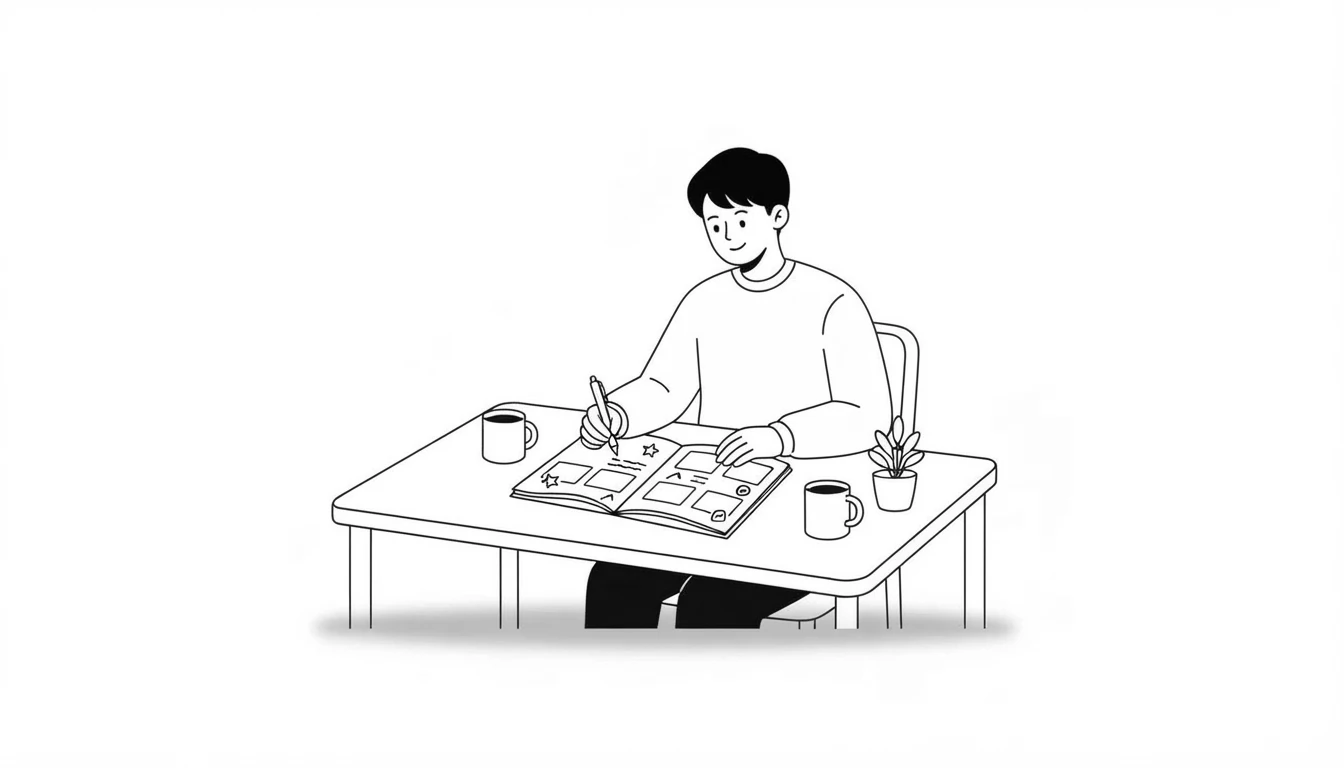 Chico escribiendo en una agenda semanal de papel con un café al lado