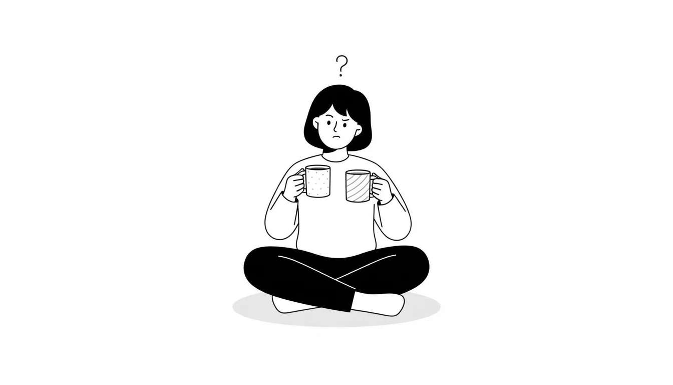 Persona sentada con una taza distinta en cada mano mirando de una a otra con un interrogante