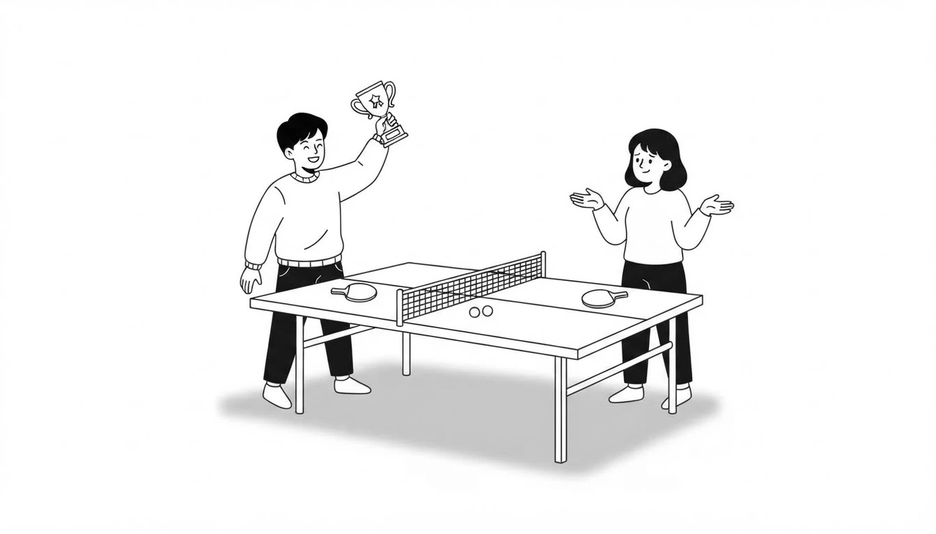 Dos personas jugando al tenis de mesa: una levanta un trofeo y la otra encoge los hombros