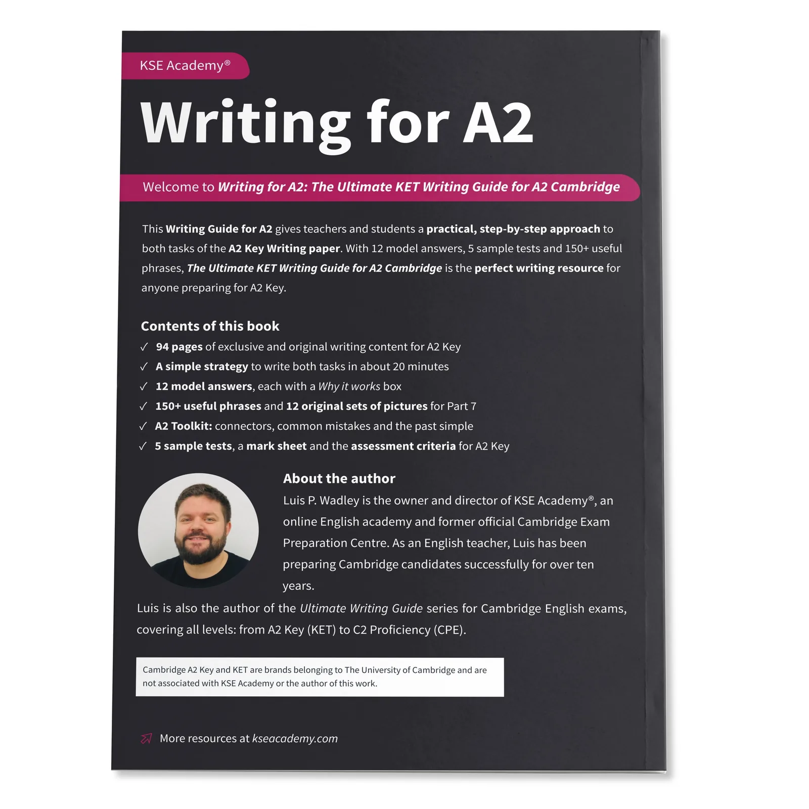 Contraportada de Writing A2: The Ultimate KET Writing Guide for A2 Cambridge