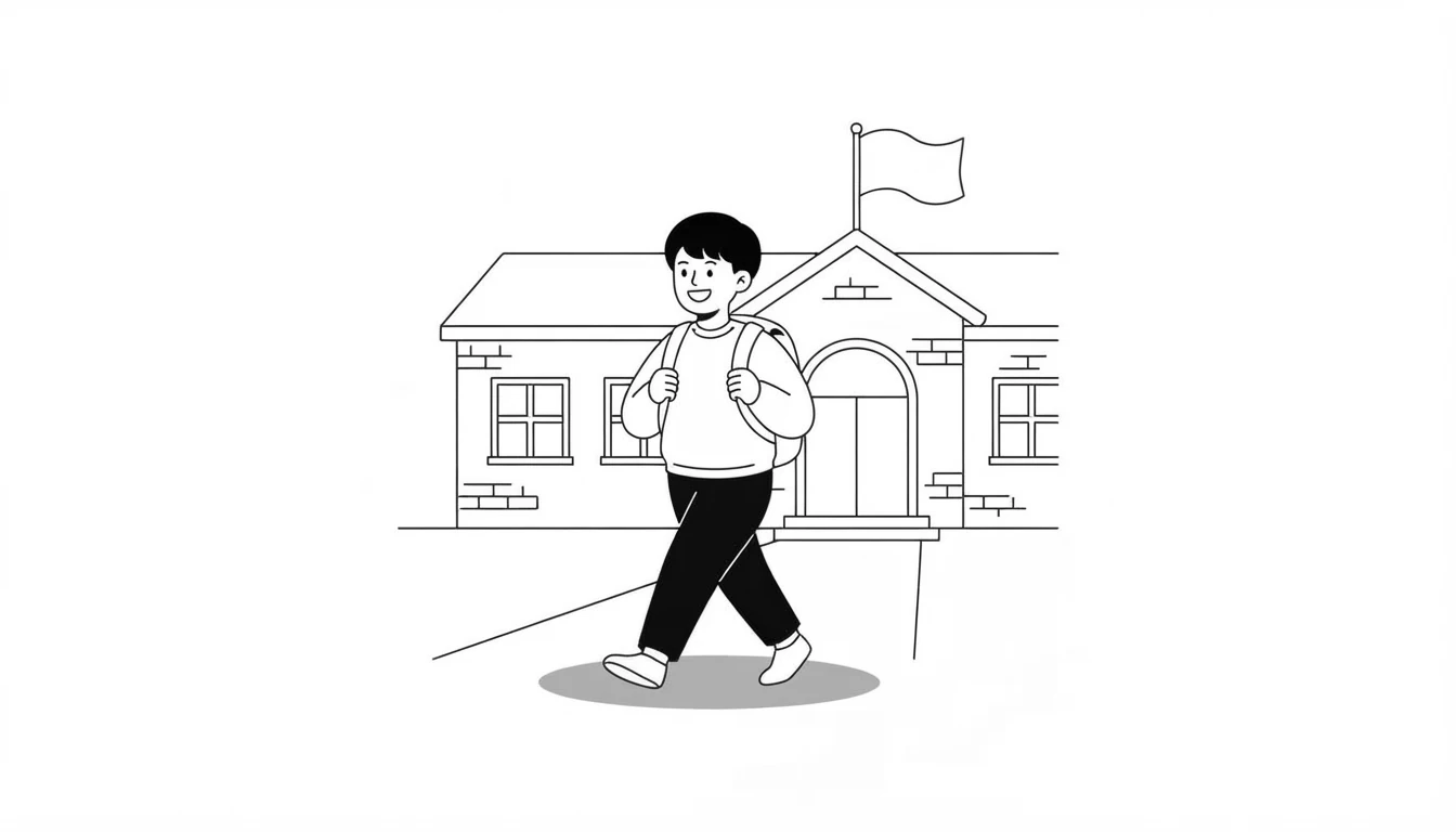 Student with a backpack walking towards the entrance of a school with a flag